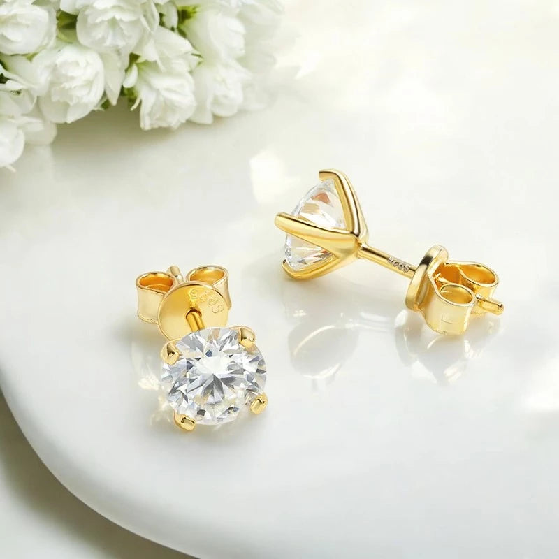 Sterling Silver Moissanite Stud Earrings - 18k Gold Plated - Ornalux