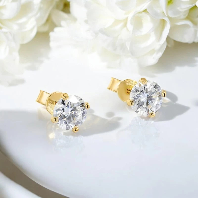 Sterling Silver Moissanite Stud Earrings - 18k Gold Plated - Ornalux