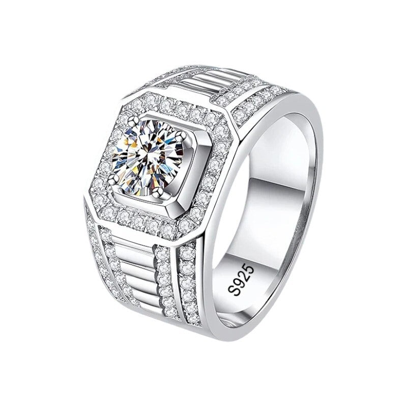 Men's Sterling Silver Moissanite Wedding Ring - GRA Certified - Ornalux