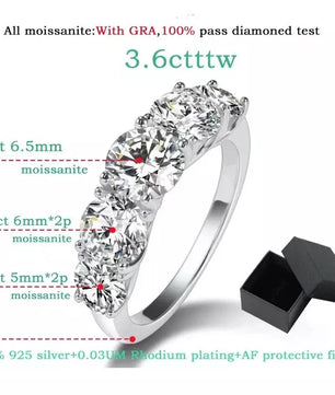 Sparkling 3.6CT Moissanite Ring 5-Stone Wedding Band - Ornalux