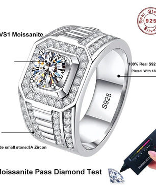 Men's Sterling Silver Moissanite Wedding Ring - GRA Certified - Ornalux